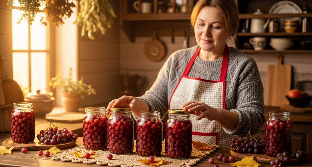Осенью закатываю виноградный компот с тремя вкусами - делается легко, хранится в шкафу, вкус изумительный.