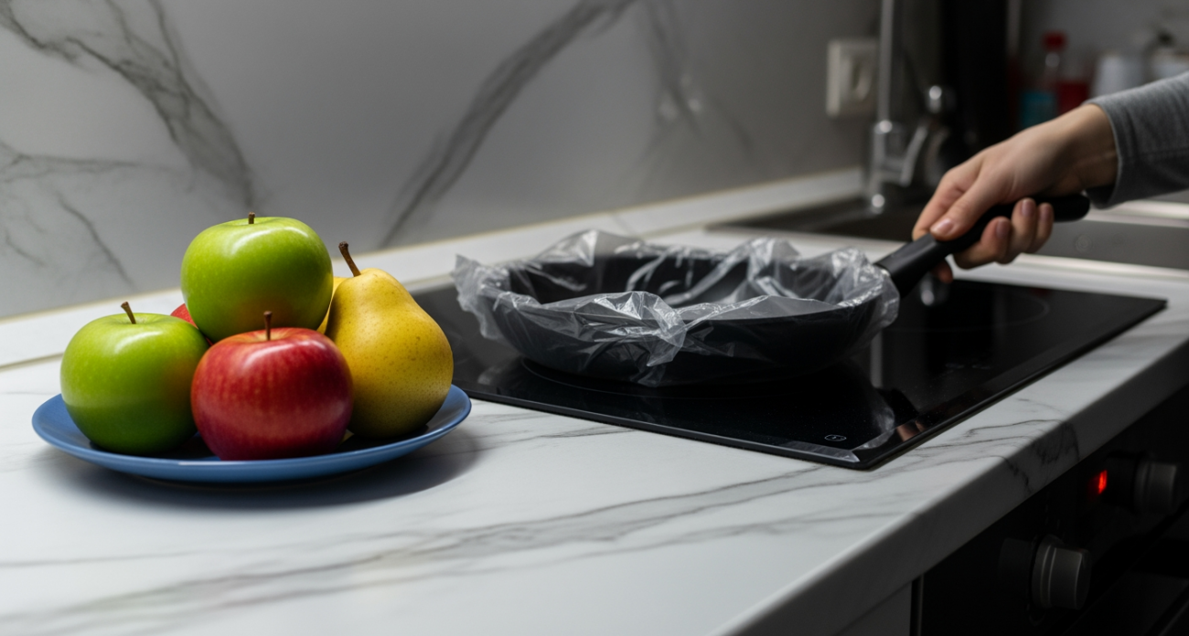 Оборачиваю противень в пленку, и грязь сходит как по маслу — сковорода блестит, как новенькая