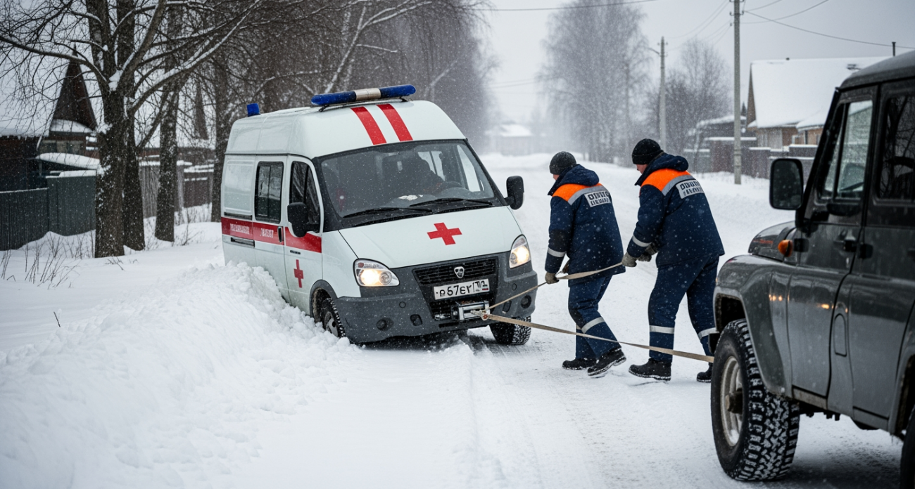 «Скорую» вытащили двумя лебедками: спасатели освободили медиков из снежного плена