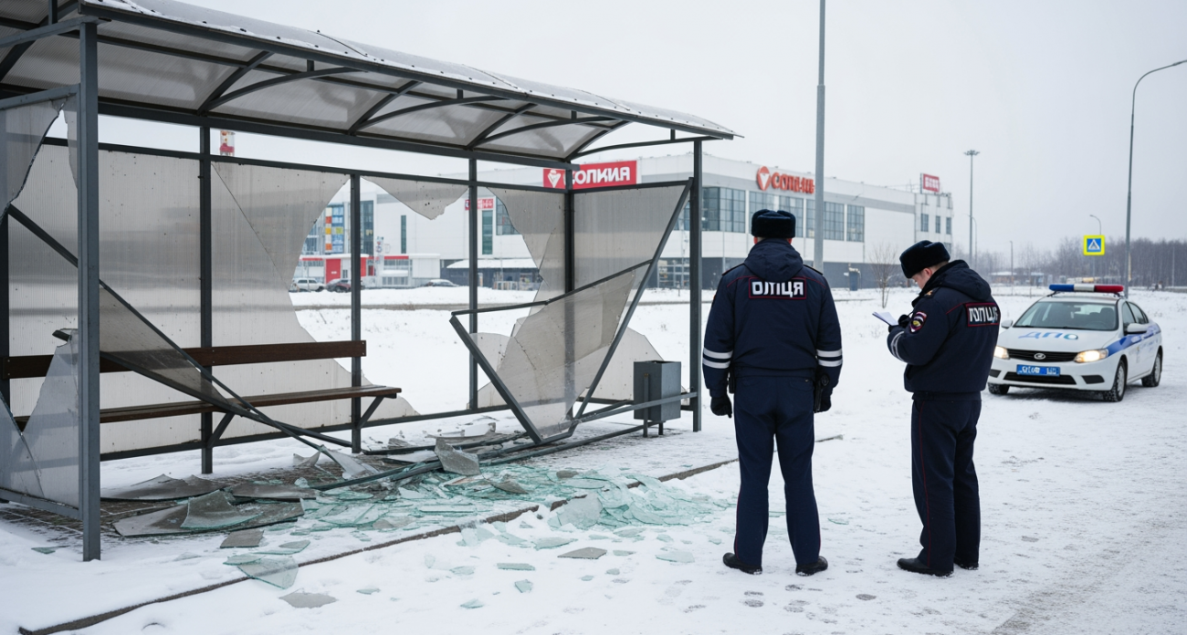 Вандалы полностью разбили защитный поликарбонат остановки у ТЦ «Европа» на Хрущева