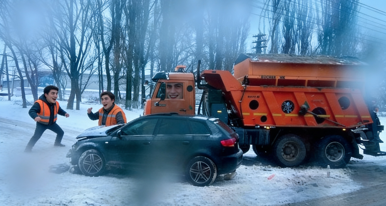 Снежная стихия в Курске: снегоуборочная машина разбила легковушку на скользком проспекте Ленинского комсомола