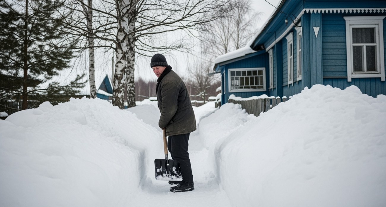Сосед засмеял, а потом сам так делал: беру лопату и кусок плёнки — снег улетает за минуты