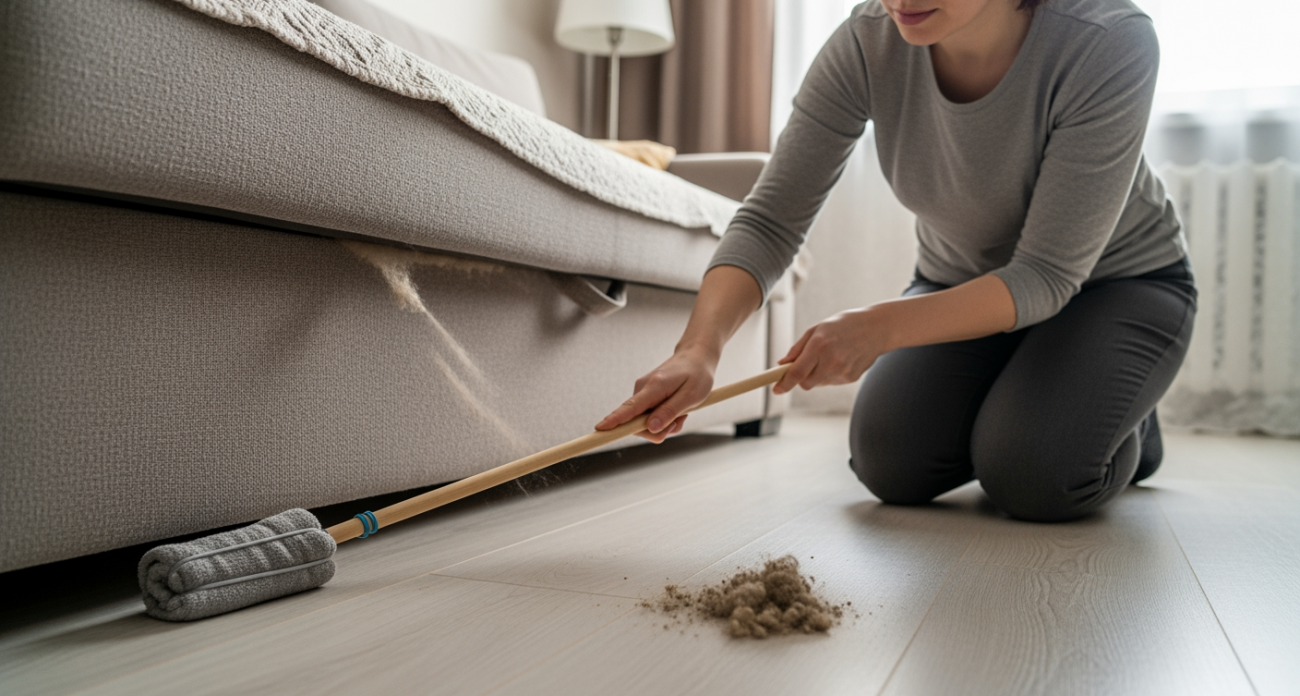Профессиональные уборщики раскрыли секрет как очистить пыль под диваном за 30 секунд