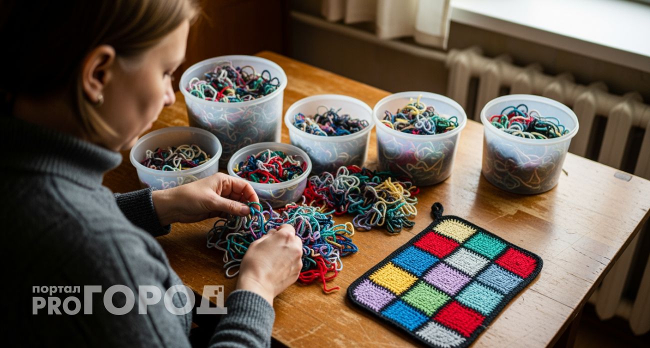 Пока мы выбрасываем остатки пряжи соседка вяжет из них домашние мелочи и копит деньги