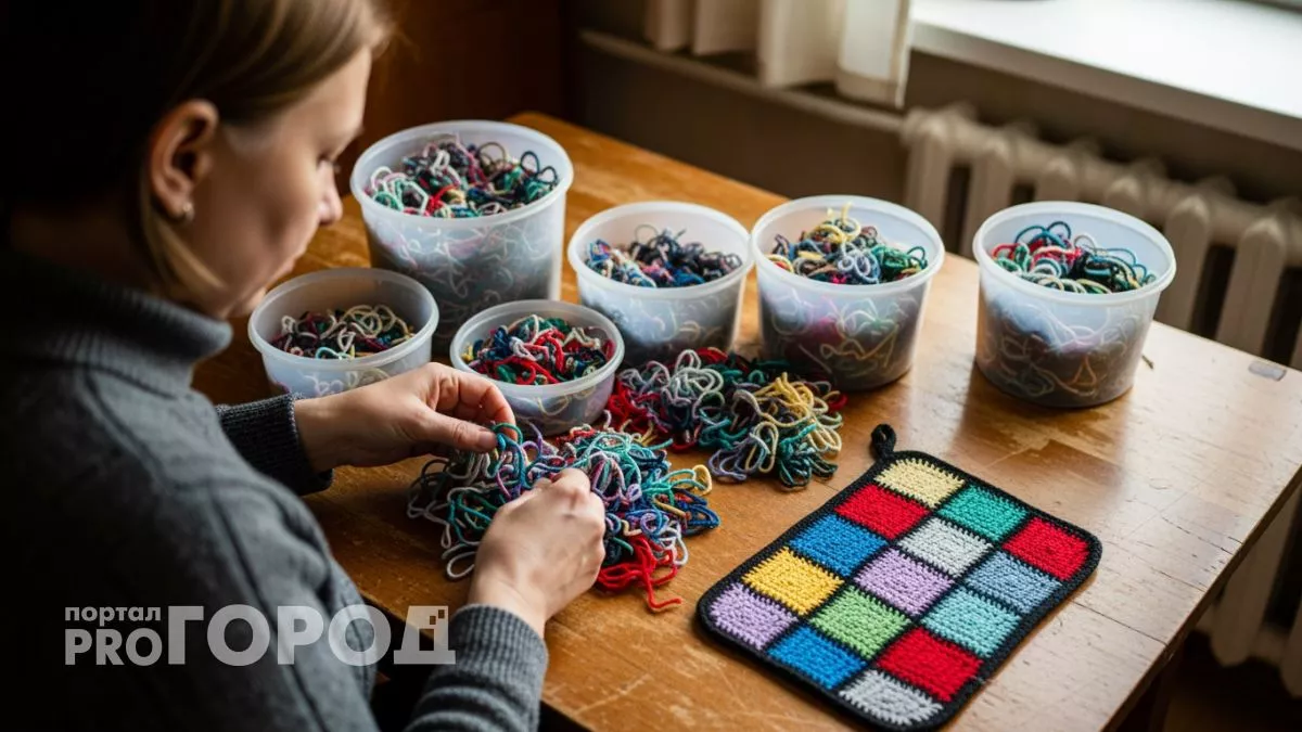 Пока мы выбрасываем остатки пряжи соседка вяжет из них домашние мелочи и копит деньги