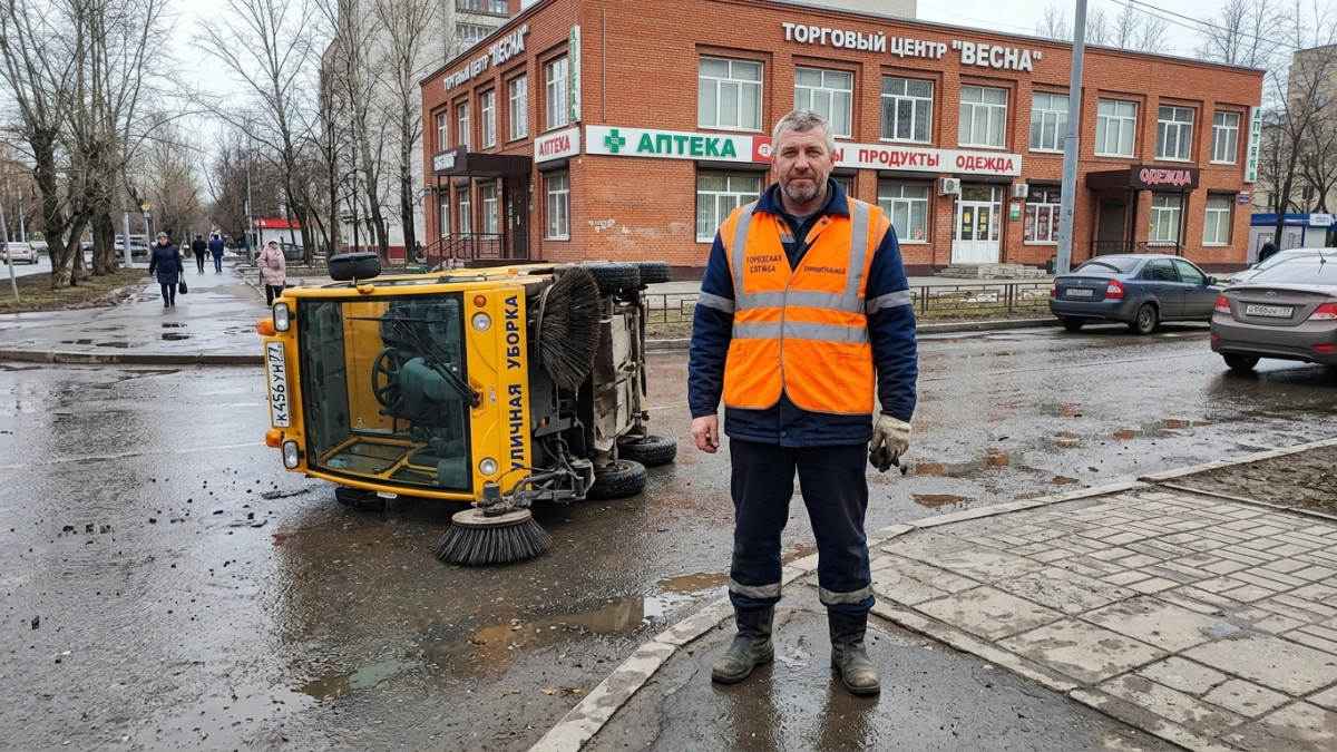 Уборочная спецтехника перевернулась у «заколдованного» выезда из ТЦ в Курске
