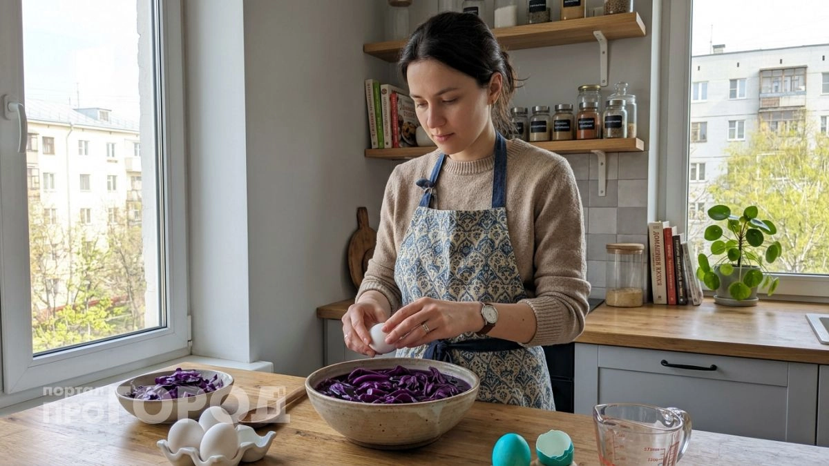 Беру обычную краснокочанную капусту из холодильника и крашу яйца в глубокий космический фиолетовый без красителей