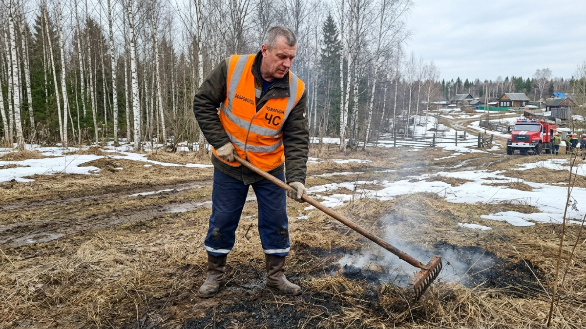 В Курской области огнеборцы подручными средствами остановили пал сухой травы