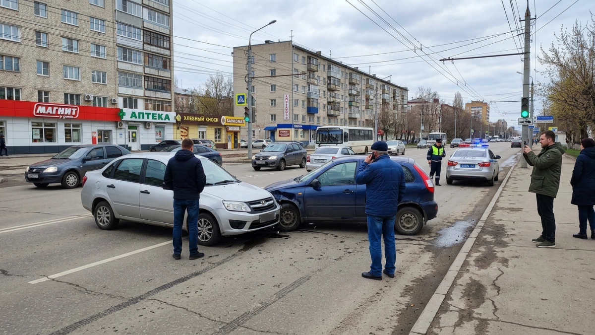 Два автомобиля не поделили поворот и парализовали перекрёсток в Курске