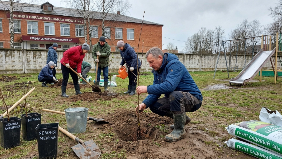 Мэр Курска и родители высадили яблоневый сад у школы №23
