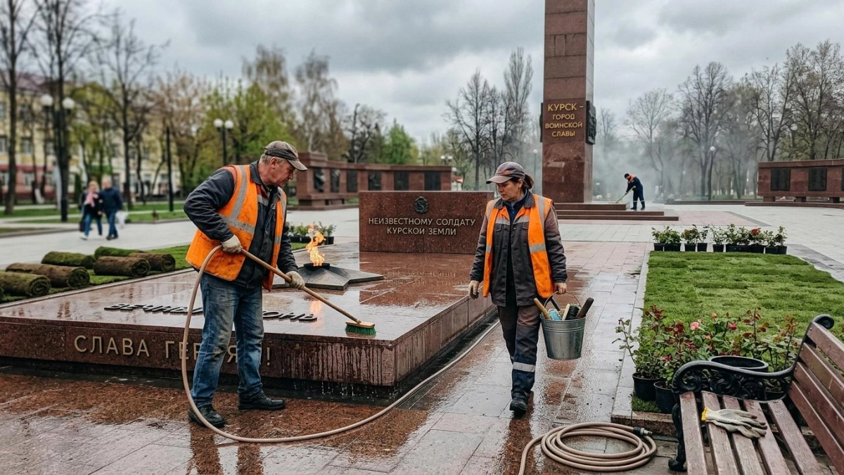 В Курске парк «Патриот» готовят к 9 Мая: 450 роз и чистка памятников