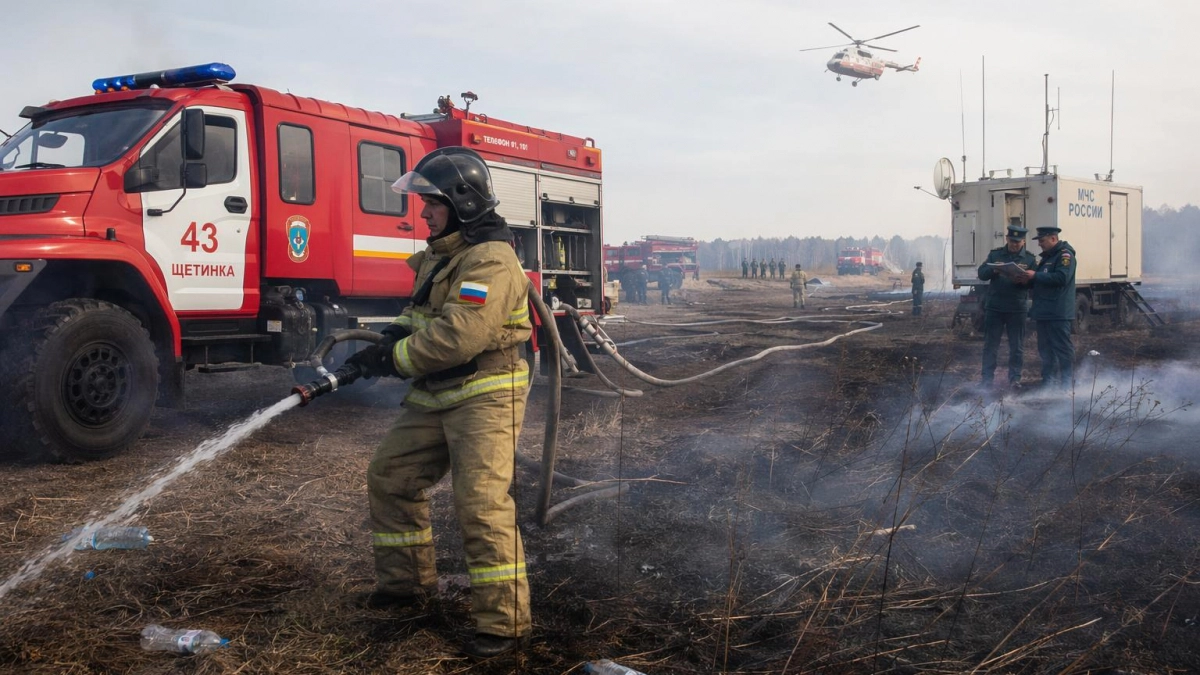 170 спасателей МЧС отработали тушение пожара от упавшего дрона в Щетинке