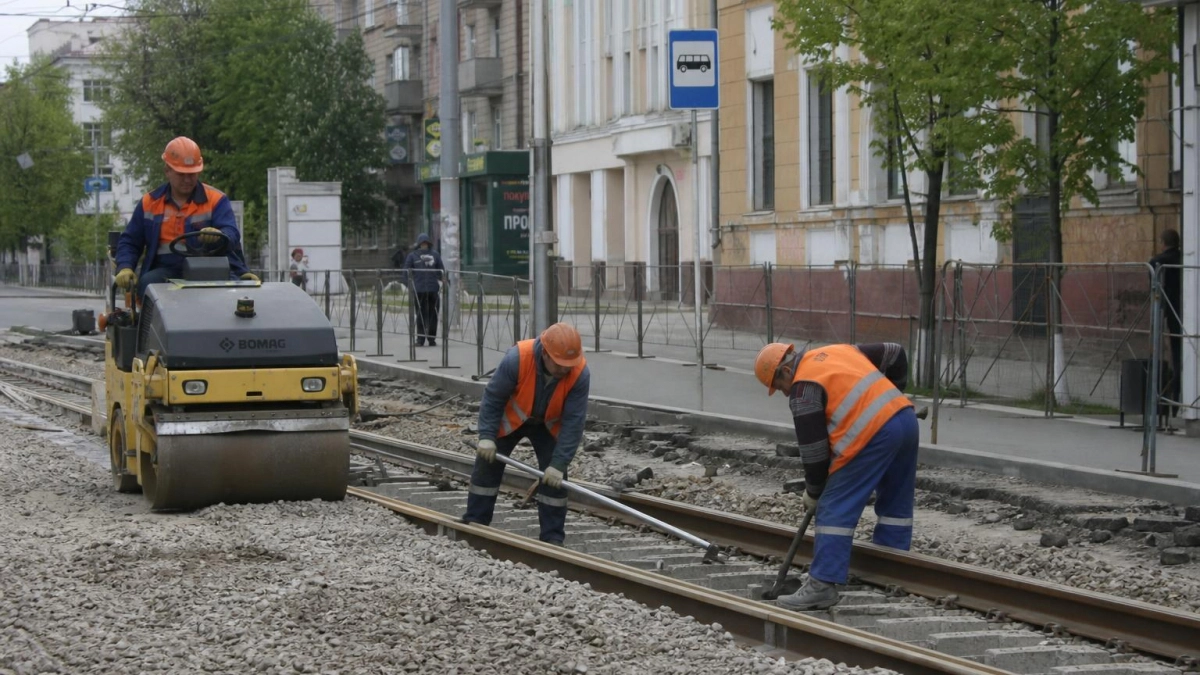 В Курске на маршруте №4 укладывают новые рельсы от площади до моста
