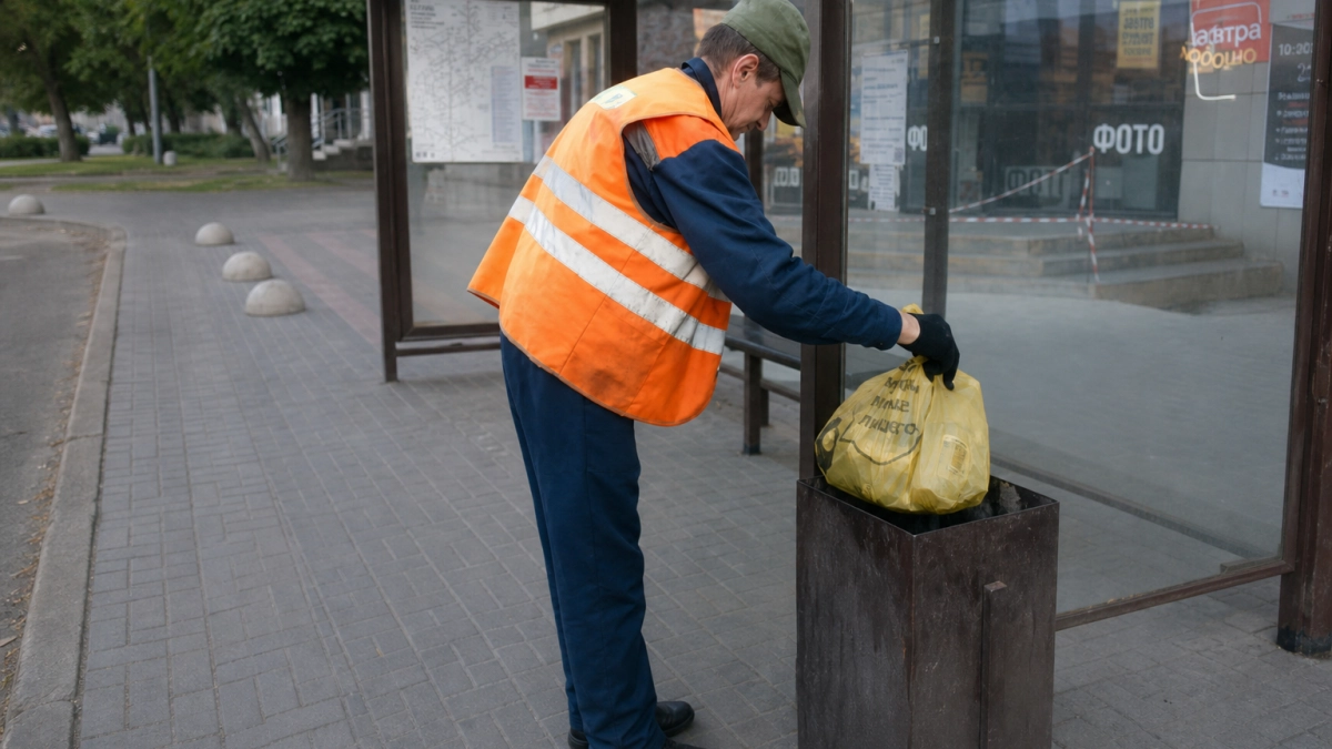 Куряне выбрасывают домашний мусор в урны на остановках по пути на работу