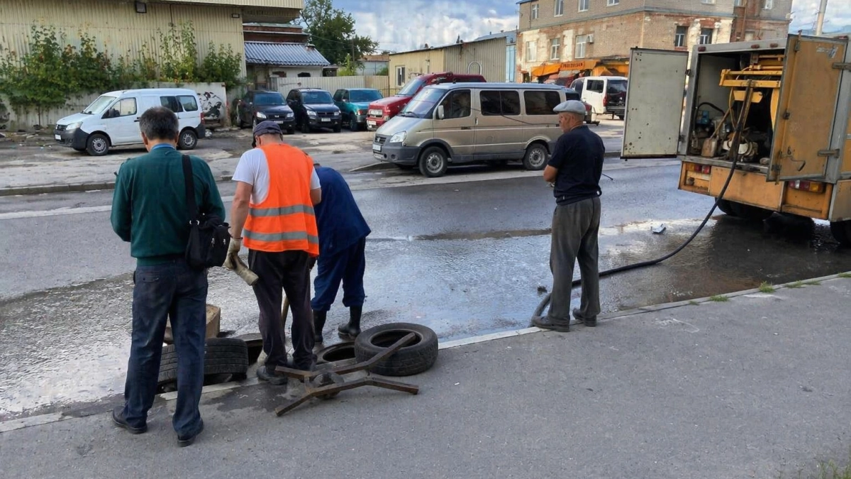 В Курске припаркованные на люках машины мешают устранить засор после ливней