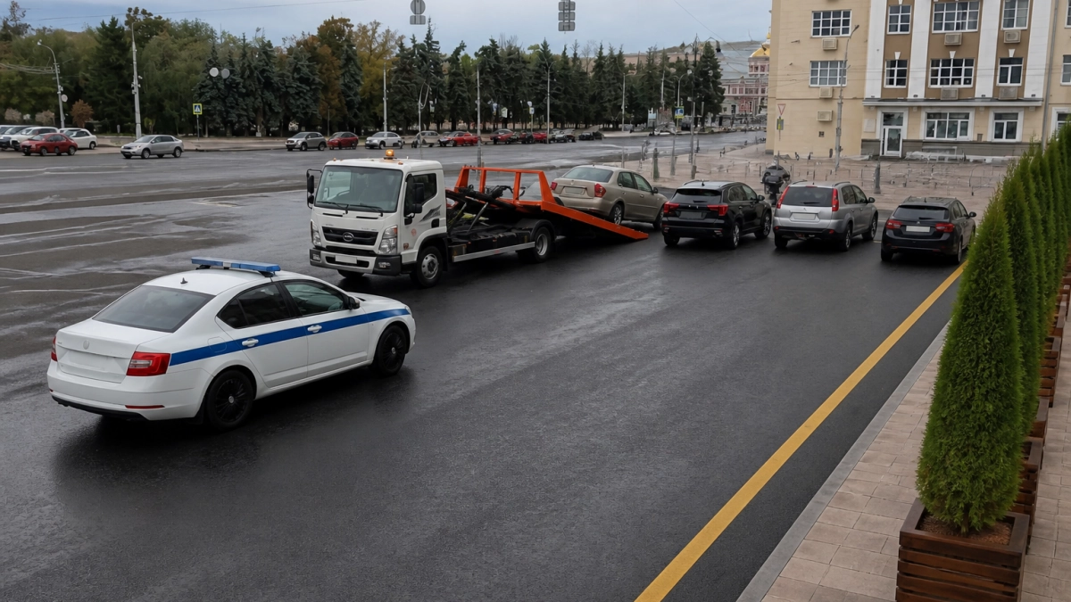 На Красной площади Курска дежурят два эвакуатора и сотрудники ГАИ